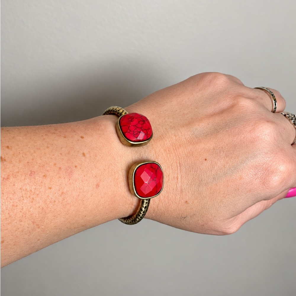 Red Double Stone Open Cuff Bracelet - Women Jewelry